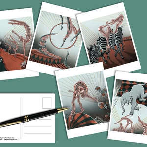 Jeu de cartes postales acrobates |  Daphna Kato illustration acrobatie d'animaux de cirque (5xA6)