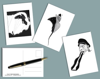 Sea Lovers Mashup postcard set  |  Daphna Kato illustration captain kitesurfer raven kite mantaray surreal black&white (3xA6)