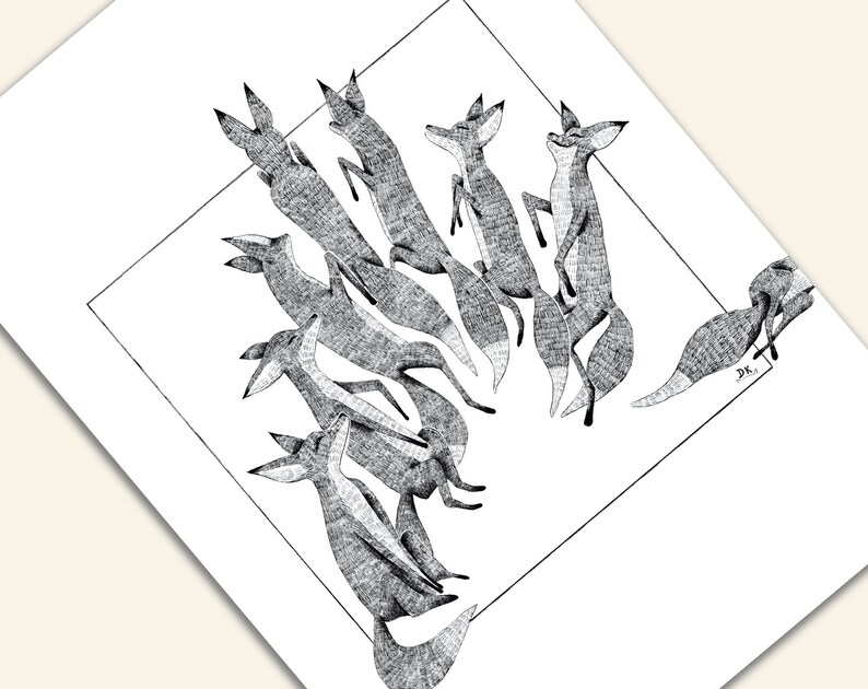 Foxes art print Daphna Kato illustration black&white A4 image 2