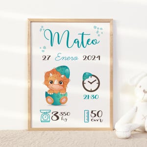 Gepersonaliseerd geboortekaartje met dinosaurussen in hoogwaardig papier, gepersonaliseerd voor pasgeboren baby's met naam, 30 x 40 cm