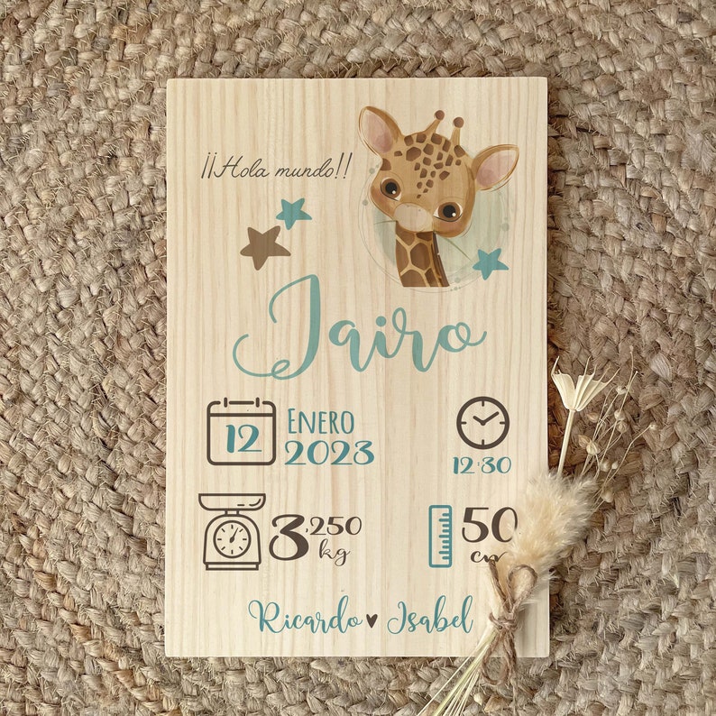 Natalicio Jirafa Madera Personalizado para Regalos de Bebes Recién Nacidos con Nombre, Peso, Medida y Hora imagen 3