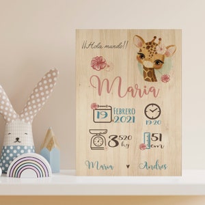 Natalicio Jirafa Madera Personalizado para Regalos de Bebes Recién Nacidos con Nombre, Peso, Medida y Hora