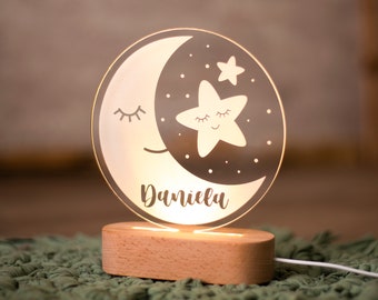 Lampara Quitamiedos Infantil Personalizada con Nombre Bebés Recien Nacidos de Metacrilato Acrilico Madera con Led Luz Nocturna Mesita Noche