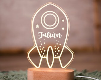 Lampara Quitamiedos Infantil Personalizada con Nombre Bebés Recien Nacidos de Metacrilato Acrilico Madera con Led Luz Nocturna Mesita Noche