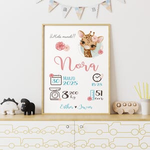 Personalized High Quality Paper Giraffe Birth Sheet for Newborn Baby Gifts with Name, Weight, Measurement and Time 30 x 40 cm