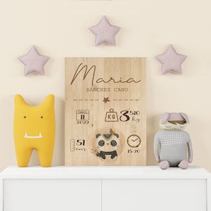 Natalicio Animales Madera Rectangular Personalizado con Nombre, Peso, Medida y Hora Panda Perezoso Tigre