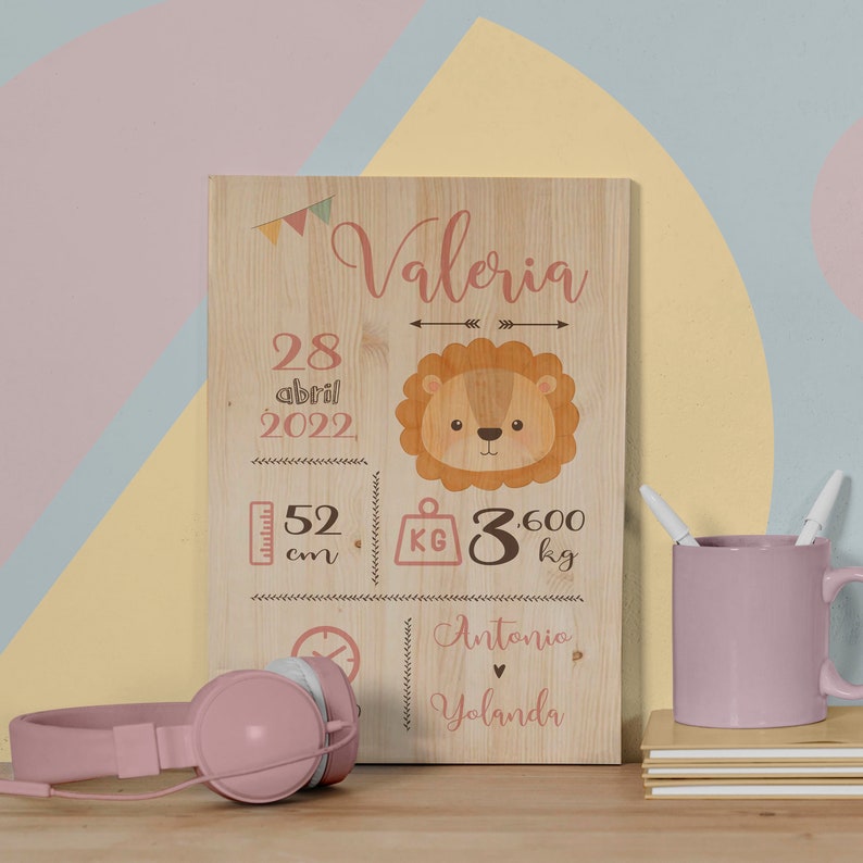 Natalicio León Madera Personalizado para Regalo de Bebe Recién Nacido con Nombre, Peso, Medida y Hora imagen 2