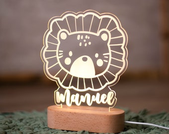 Lampara Quitamiedos Infantil Personalizada con Nombre Bebés Recien Nacidos de Metacrilato Acrilico Madera con Led Luz Nocturna Mesita Noche