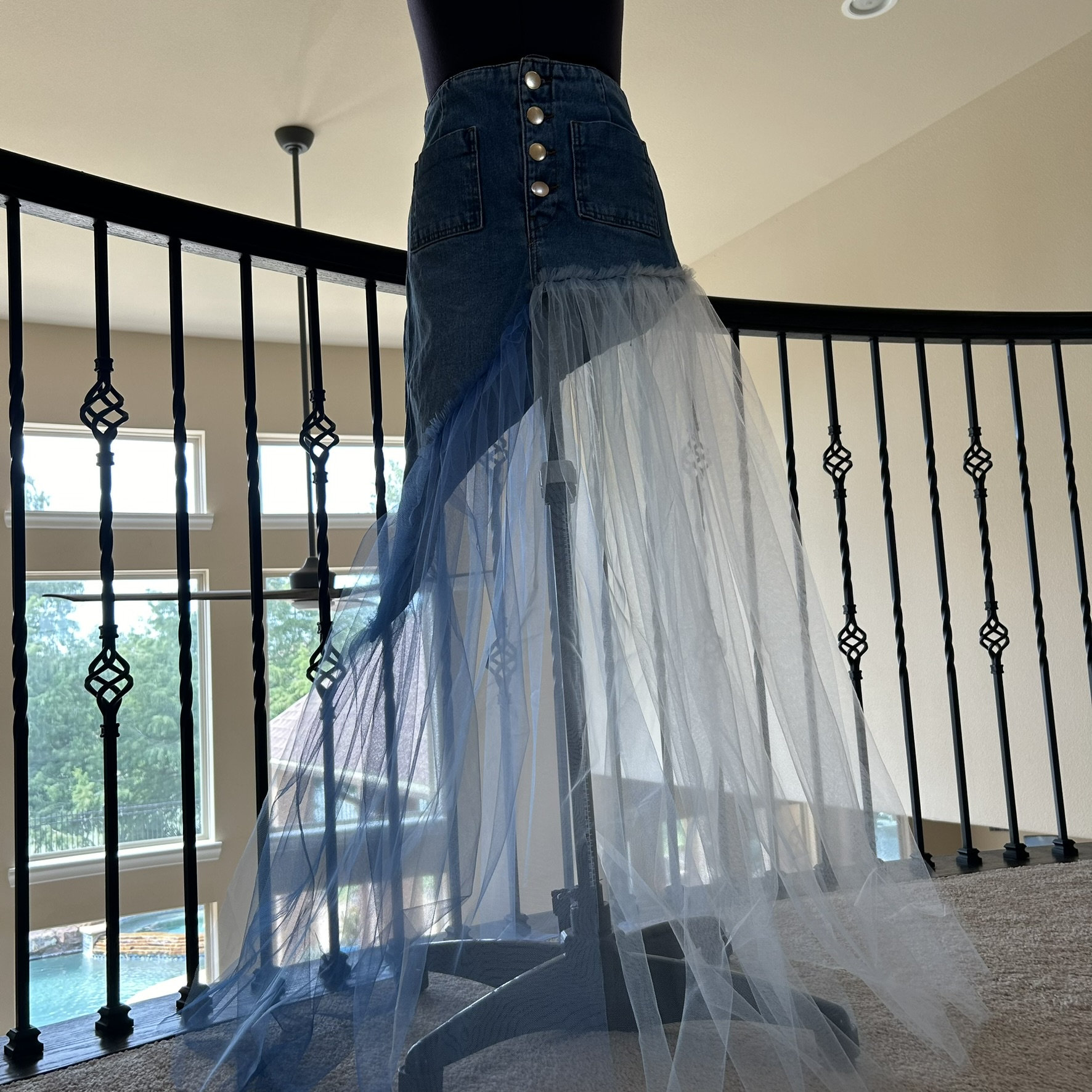 Ruffled Ivory Tulle Jean Skirt Upcycled Denim Embellished