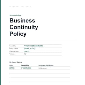 Può includere: Un documento bianco intitolato Business Continuity Policy con testo blu scuro. Include campi per Issued by, Policy Owner, Effective Date e Version 1.0. Una tabella Revision History elenca Date, Revised By e Summary of Changes come Initial version.