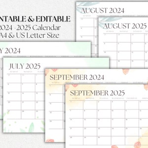 Calendario mensual botánico 2024-2025 imprimible y editable, A4 horizontal, tamaño carta de EE. UU., Inicio en domingo, Calendario PDF