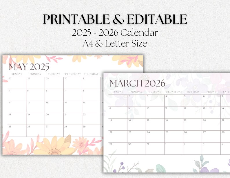 Editable Printable 20252026 Botanical Monthly Calendar Horizontal A4
