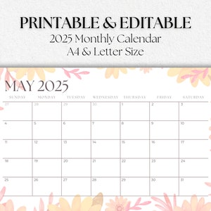 Calendario mensual botánico imprimible imprimible 2025 / Meses temáticos estacionales / A4 horizontal, tamaño carta de EE. UU. / Inicio del domingo / Calendario PDF
