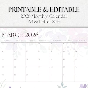 Calendario mensual botánico imprimible editable 2026 / Meses temáticos estacionales / A4 horizontal, tamaño carta de EE. UU. / Inicio del domingo / Calendario PDF