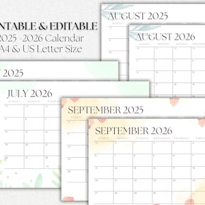 Calendario mensual botánico editable imprimible 2025-2026, A4 horizontal, tamaño carta de EE. UU., Inicio en domingo, Calendario PDF