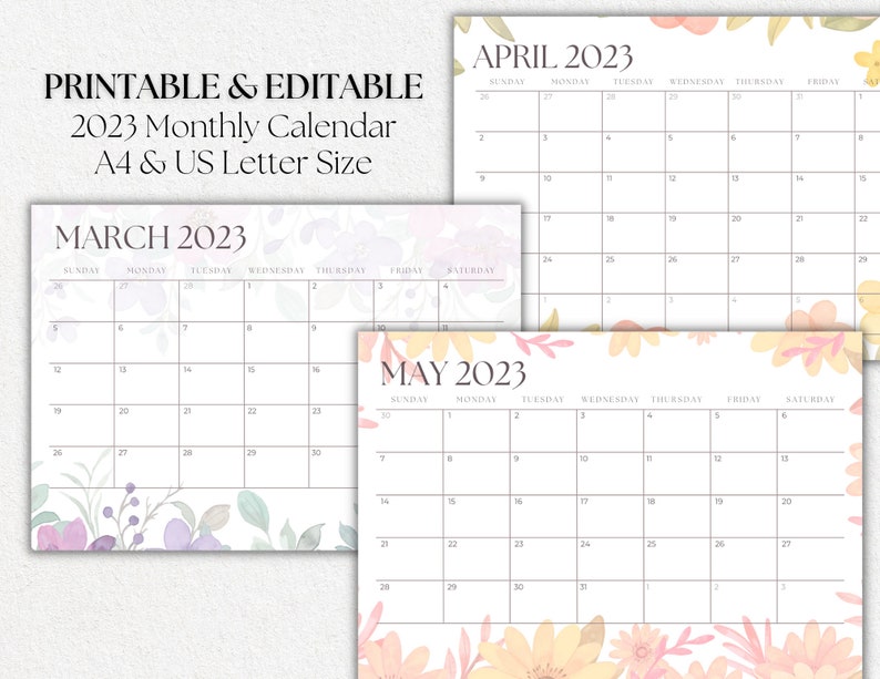 Editable Printable 2023 Botanical Monthly Calendar Etsy
