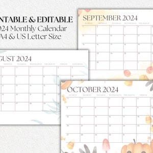 Calendario mensual botánico 2024 imprimible y editable, Meses temáticos de la temporada, A4 horizontal, tamaño carta de EE. UU., Inicio en domingo, Calendario PDF