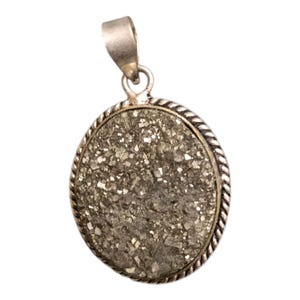 Pyrite Druzy Pendant – Oval Natural Stone in Twisted Silver Setting – Sparkling Grounding Crystal Necklace