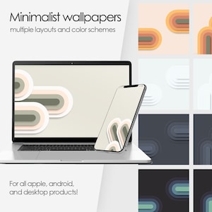 Könnte beinhalten: Eine Sammlung minimalistischer Tapeten mit abstrakten Formen in verschiedenen Farbschemata. Die Tapeten werden auf einem Laptop und einem Smartphone angezeigt und zeigen verschiedene Layouts und Farbkombinationen.