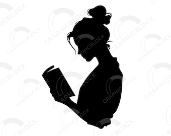 読書をする女性のシルエット SVG: 司書のクリップアート (デジタルダウンロード)