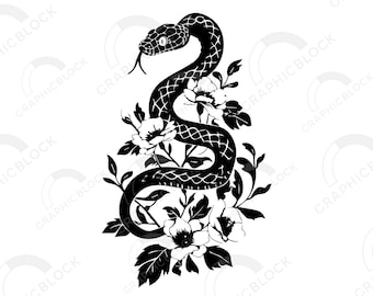 花柄の蛇 SVG：ボヘミアン風の神秘的なクリップアート（デジタルダウンロード）