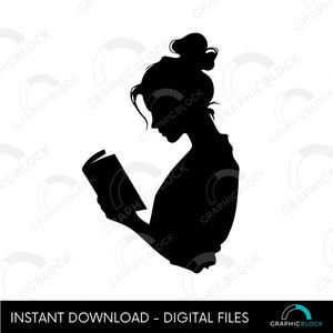 Donna che legge il libro Silhouette SVG muta, ragazza con libro tagliato File Silhouette Cricut, bibliotecario Clip Art forma Eps Dxf Png, Download istantaneo