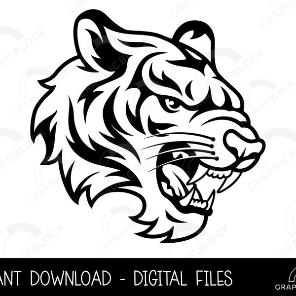 Tiger Head SVG #8, Angry Face PNG, Wild Cat Vector, Cricut Cut File, Silhouette Eps Dxf, Tiger Stencil Clip Art Outline, Digital Download