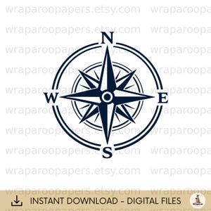 May include: A navy blue compass rose design with the cardinal directions labeled. The compass is encircled by two rings and the text "INSTANT DOWNLOAD - DIGITAL FILES". The Etsy shop URL is also visible.
