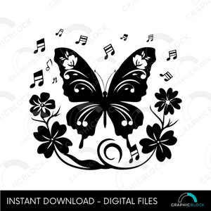 Notes de musique papillon Design SVG, professeur de musique couper fichier pour Silhouette & Cricut, papillon floral Clip Art Eps Dxf Png, téléchargement immédiat