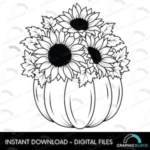 Sunflower Pumpkin SVG, Fall Autumn Flower Thanksgiving Cricut & Silhouette Cut File, Pumpkin Clipart Outline, Halloween Decor DIY Download