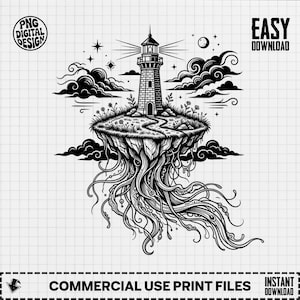 May include: Black and white digital design of a lighthouse on a floating island with roots. The lighthouse is surrounded by clouds, stars, and a moon. Text includes "PNG DIGITAL DESIGN" and "EASY DOWNLOAD".