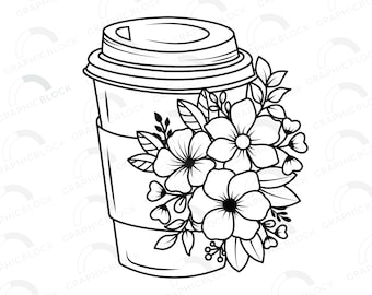 花柄コーヒーカップ SVG：花柄コーヒーベクター、Cricut カットファイル（デジタルダウンロード）