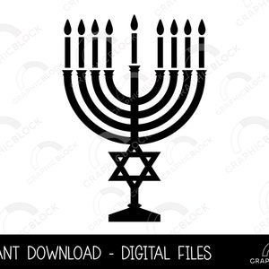 Menorah juive SVG, Candélabre de Hanoukka PNG, vecteur du judaïsme, fichier de coupe Cricut, 9 bougies Silhouette Clip Art Outline, téléchargement numérique