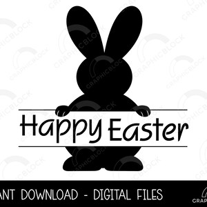 Happy Easter Bunny SVG, Easter Rabbit Sign PNG, Black Bunny Outline Vector Cricut Cut File Spring Silhouette JPG Clip Art Digital Download
