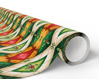 Argyle Christmas Wrapping Paper, Festive Wrap with Holly Berries
