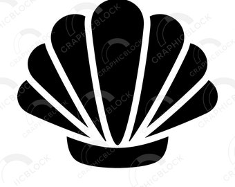 May include: A black and white silhouette of a seashell with a rounded shape and multiple ridges. The seashell is a common symbol of the ocean and summer.
