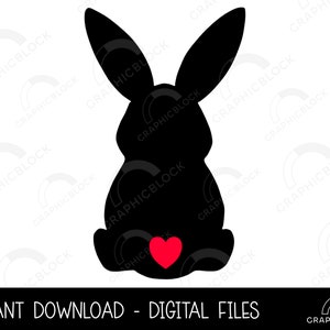 Bunny Silhouette SVG, Lapin de Pâques avec queue de cœur PNG, Black Vector Cricut Cut File, Spring Silhouette Dxf Eps Clip Art Digital Download
