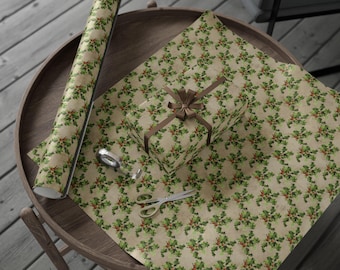 Vintage Holly Berry Wrapping Paper, Botanical Christmas Gift Wrap