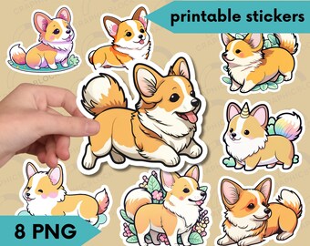 Cute Corgi PNG Sticker Bundle, Kawaii Corgi Printable Stickers Download, Corgi Dog Clipart, Welsh Corgi Print Cut Cricut Silhouette Stickers