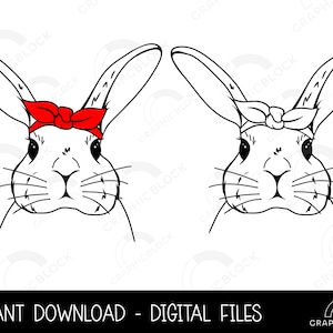 Lapin avec Bandana SVG, Lapin de Pâques PNG, Vecteur Animal Mignon, Headband Cricut Cut File, Spring Silhouette Dxf Eps Clip Art Digital Download