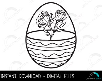 Flower Easter Egg SVG #3, Floral Egg PNG, Spring Vector Cricut Cut File Silhouette Eps Dxf, Easter Clip Art Black Outline, Digital Download