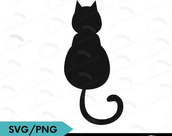 Puede incluir: Silueta negra de un gato sentado con la cola enroscada alrededor de su cuerpo. El gato está de espaldas al espectador.