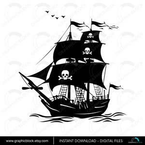 Pirate Ship SVG, Black Ship Cut File for Silhouette & Cricut, Captain Pirate Clip Art, Caribbean Cruise Vector Eps Dxf Png, Instant Download