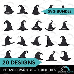 20 Witch Hat SVG Bundle, Wizard Witch Cap Silhouette PNG, Halloween Vector Cricut Cut Files Silhouette Dxf Clip Art Outline Digital Download