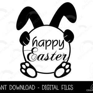 Puede incluir: Silueta en blanco y negro de un conejo sosteniendo un círculo con el texto "happy Easter" en su interior.