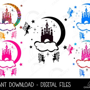 Mond Schloss SVG, Feenschloss PNG, magisches Schloss Vektor Cutting-Datei Cricut, Celestial Fantasy Silhouette Pdf Eps Dxf, digitaler Download