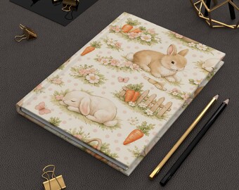 水彩画風うさぎ柄ハードカバーノート | うさぎとニンジンの花柄ノート