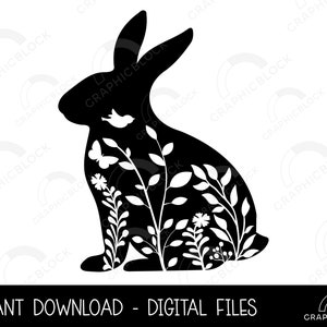 Floral Rabbit Silhouette SVG, Lapin de Pâques PNG, Black Vector Outline Cricut Cut File, Spring Silhouette Eps Dxf Clip Art Digital Download