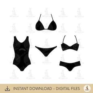 May include: A collection of black swimwear designs, including bikinis and a one-piece swimsuit, are displayed against a white background. The phrase "INSTANT DOWNLOAD - DIGITAL FILES" is at the bottom.