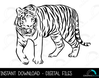 Tijger SVG #2, Tijger stencil PNG, wilde kat vector, Cricut gesneden bestand, dierlijke silhouet Eps Dxf Jpg, tijger clip art overzicht, digitale download